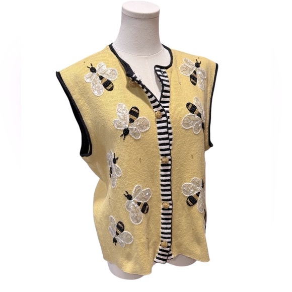 Vintage 80s Belle Pointe Bumblebee Beaded Yelkow Knit Sweater Vest Womens Large - Picture 1 of 14